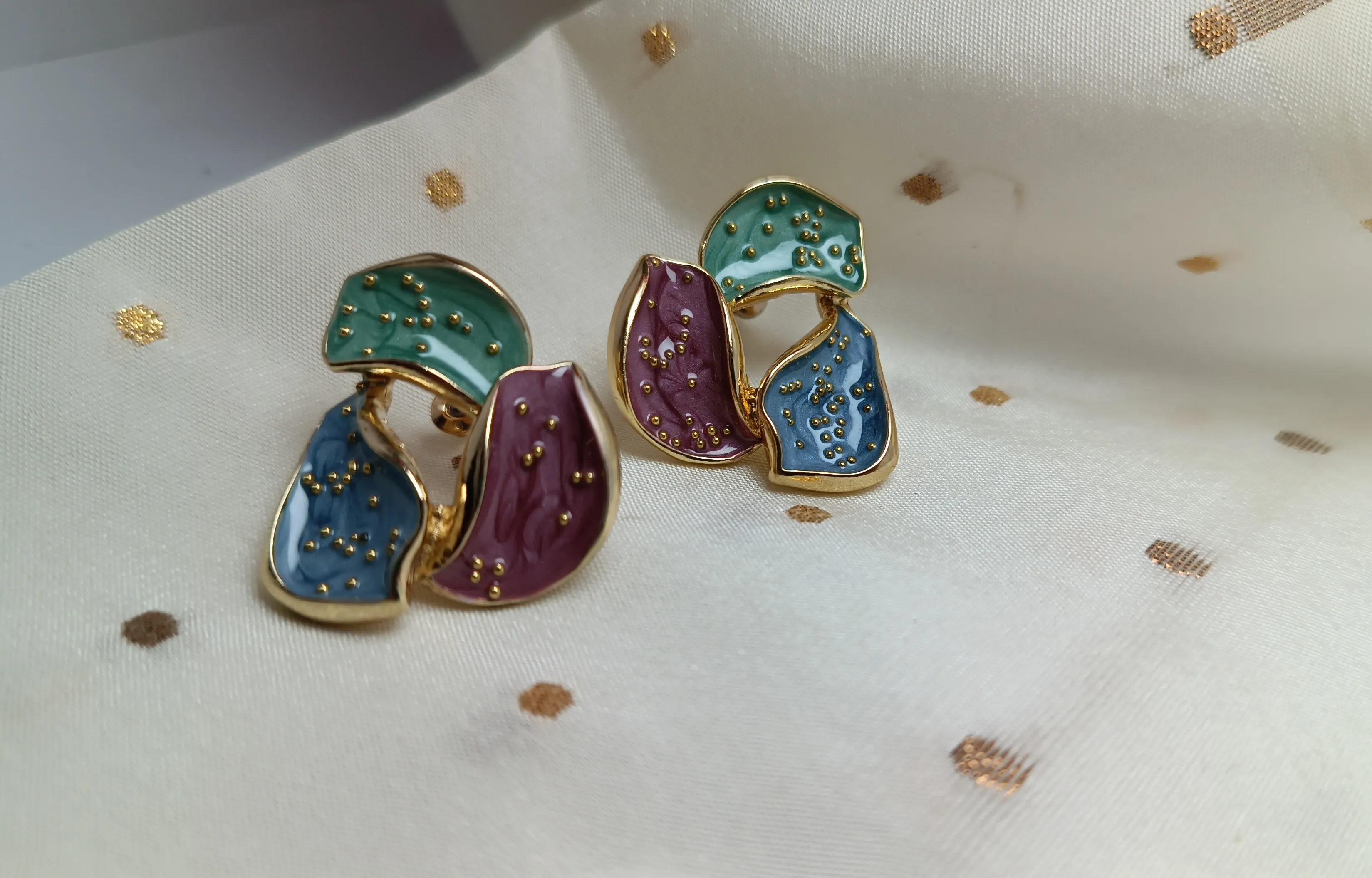 Prism Petal Palette Maroon Green Gray Abstract Enamel Trio Studs | Multi-Color Pastel Korean-Style Earrings